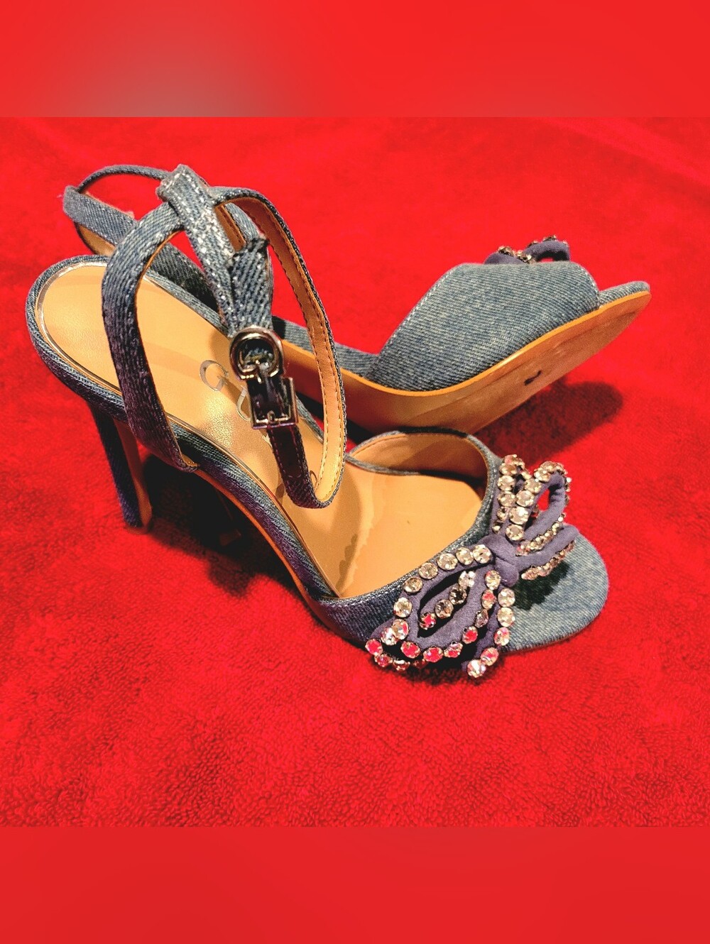 Guess Charmin 3 Denim Rhinestone Bow Dress Sandals - sz 7